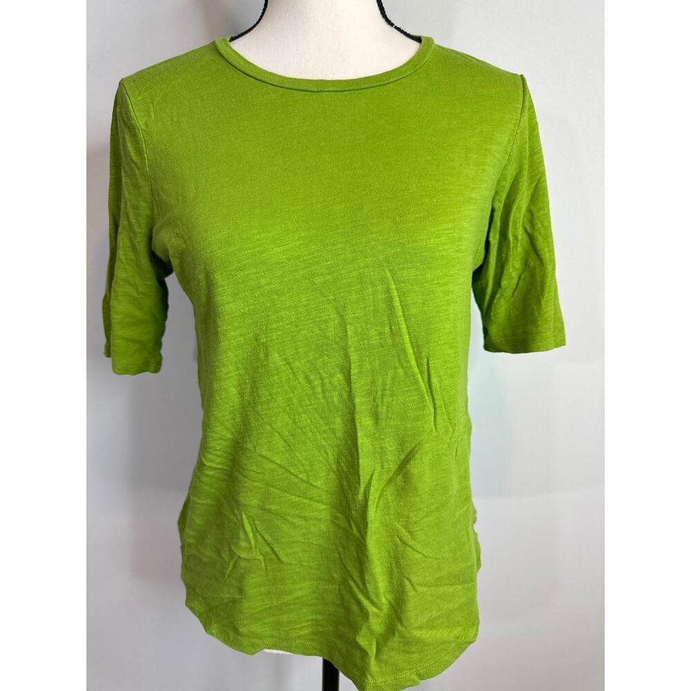 Eileen Fisher 100% Organic Cotton Green Crew Neck Top Asymmetrical Hem Size‎ XS